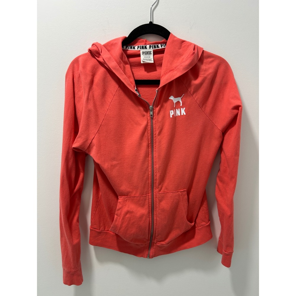 Victoria's Secret PINK Full Zip Hoodie Coral Orange Cotton Logo Sweatshirt Small